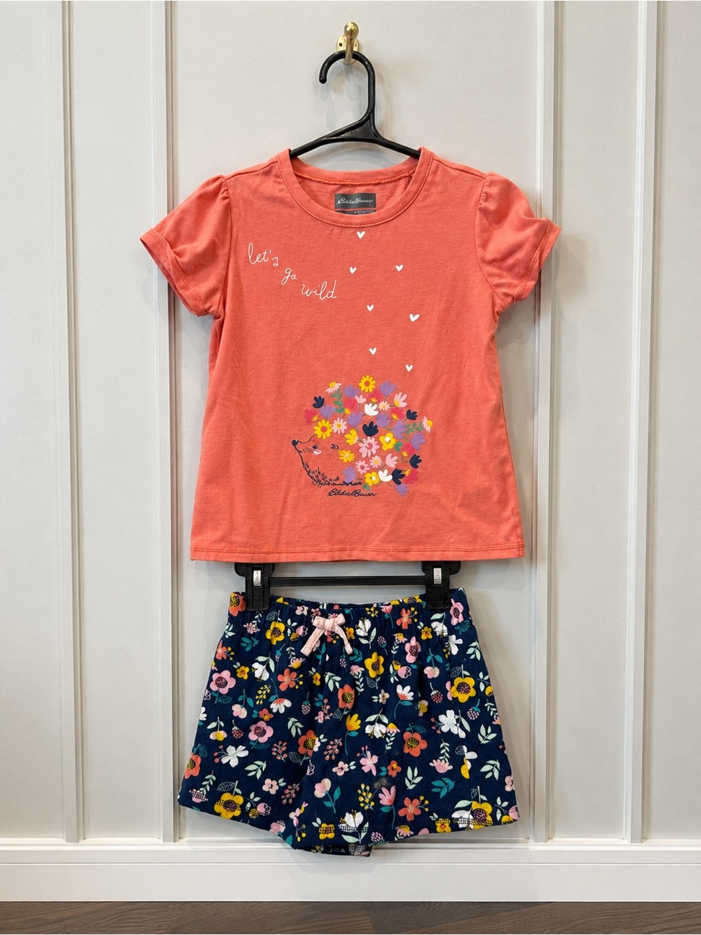 Eddie Bauer Coral Top and Navy Floral Shorts Pajama Set